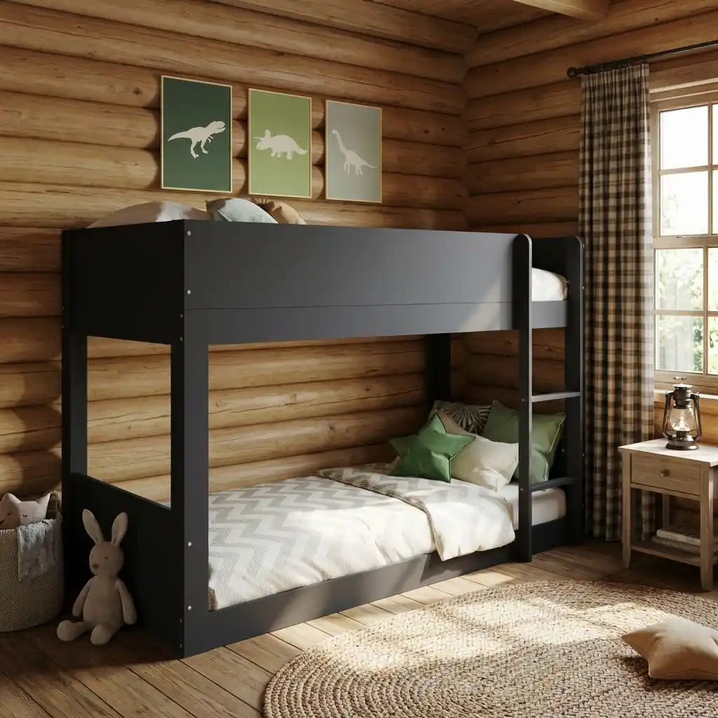 Children's bedroom with a black bunk bed, wooden walls, and decorative elements.