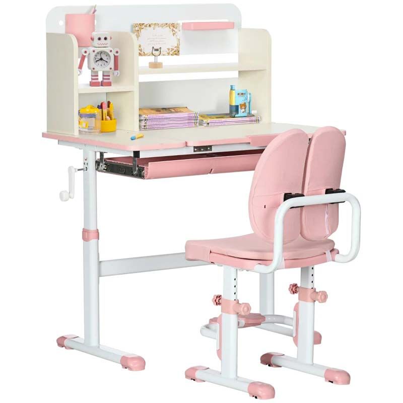 Children's desk and chair set with books and toys on a white background