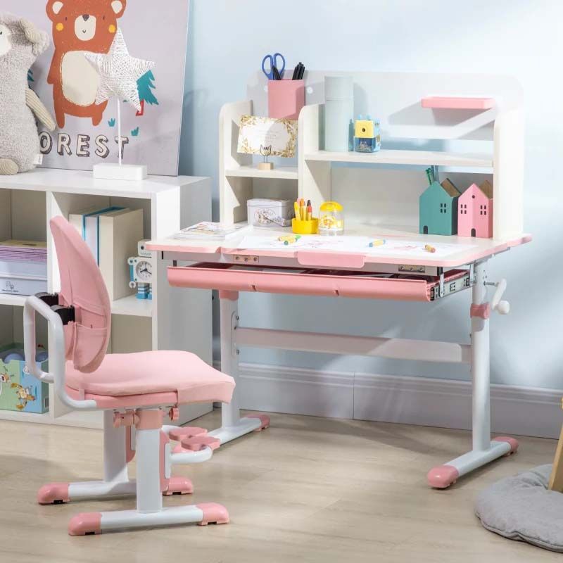 Children's desk and chair set with shelves and toys in a room setting.