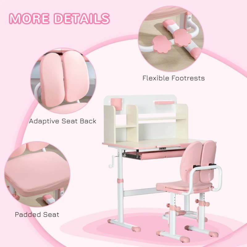 Children's desk and chair set with adjustable features on a pink background