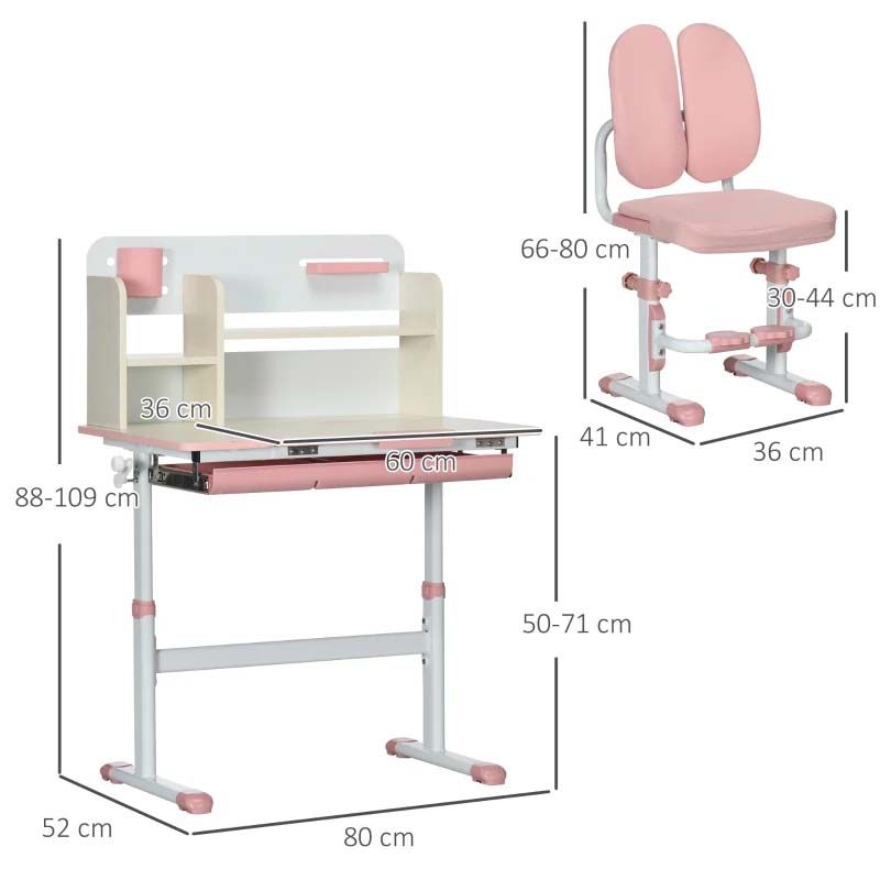 Children's desk and chair set with dimensions on a white background