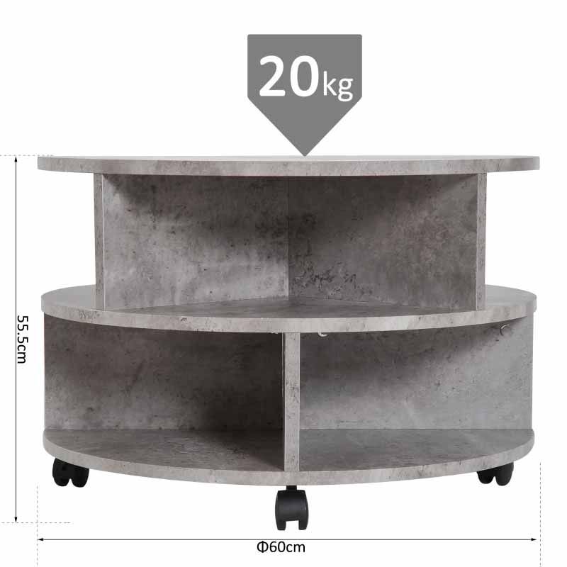 Concrete-style round shelf with dimensions and weight capacity on a white background