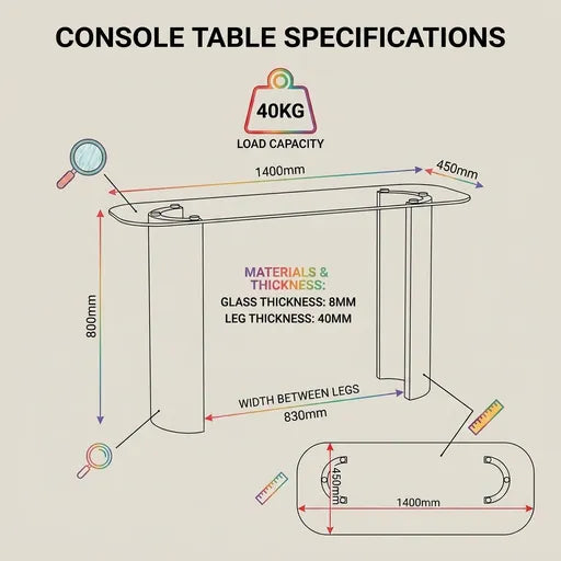 Console table specifications diagram showing dimensions, load capacity of 40kg, glass thickness 8mm, and leg thickness 40mm on a light beige background.