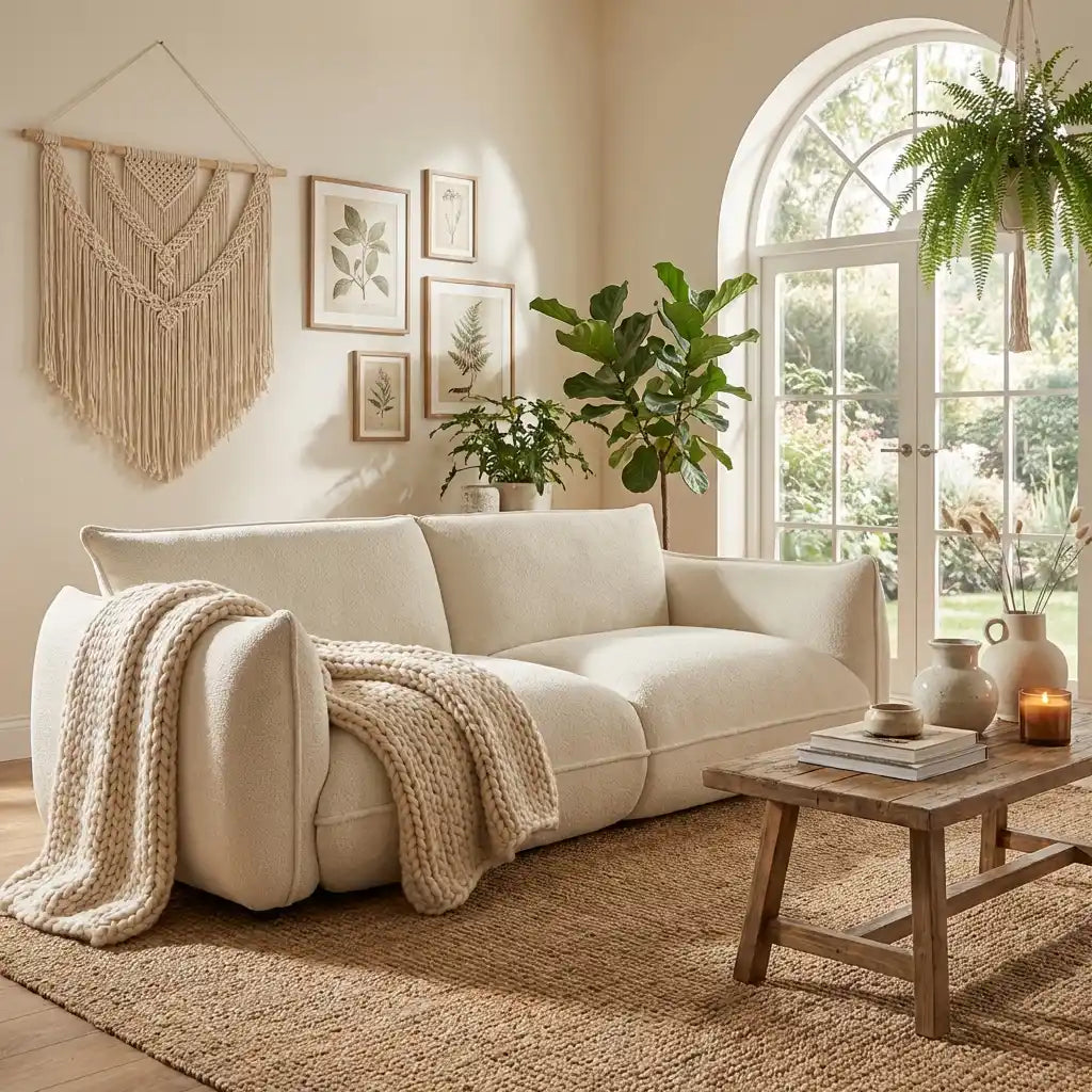 Cozy living room with a beige sofa, knitted blanket, and decorative elements.