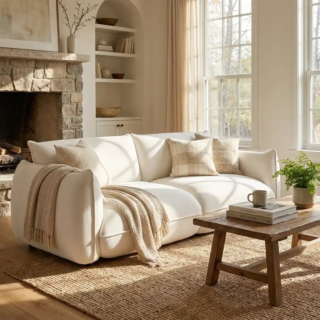 Cozy living room with a white sofa, wooden coffee table, and large windows.