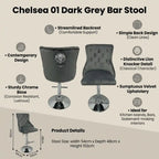 Dark grey bar stools with features and product details on a beige background