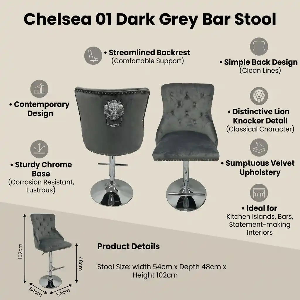 Dark grey bar stools with features and product details on a beige background