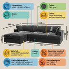 Dark grey sectional sofa with dimensions and features highlighted