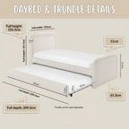Daybed and trundle with dimensions labeled on a beige background