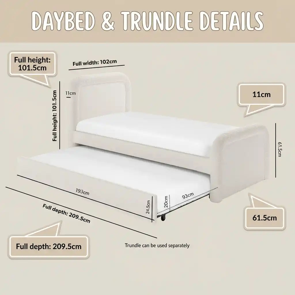 Daybed and trundle with dimensions labeled on a beige background