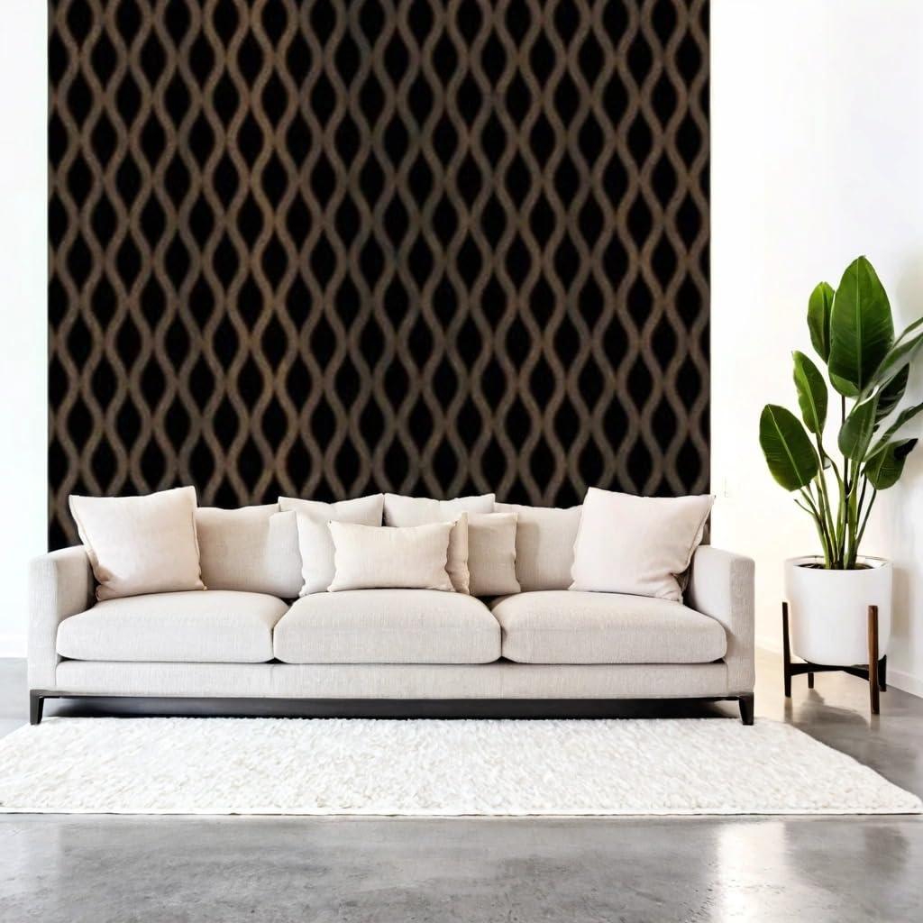 Modern living room with a white sofa, decorative wall, and plant.