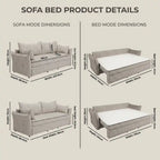 Dimensions of a sofa bed in both sofa and bed modes on a beige background.
