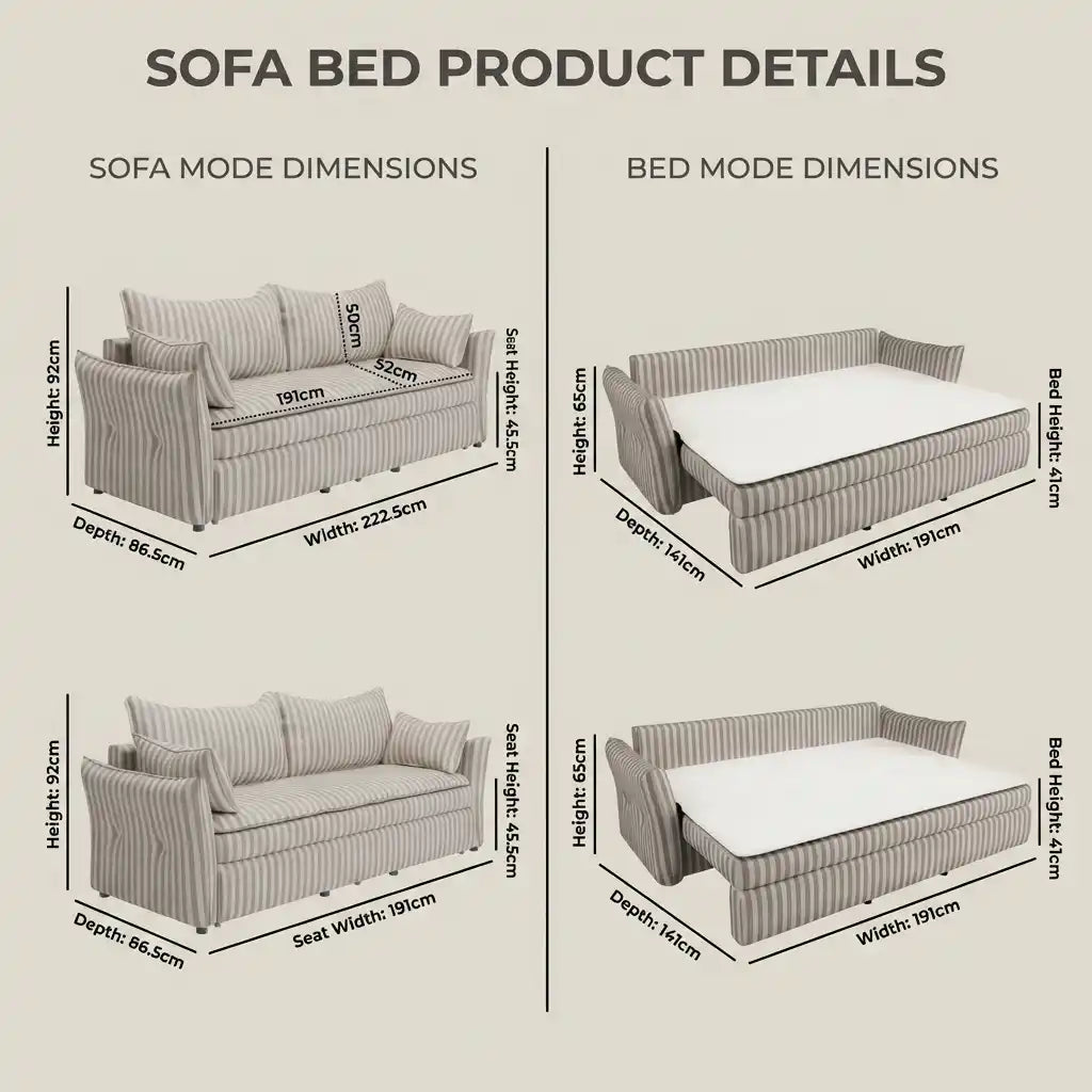 Dimensions of a sofa bed in both sofa and bed modes on a beige background.