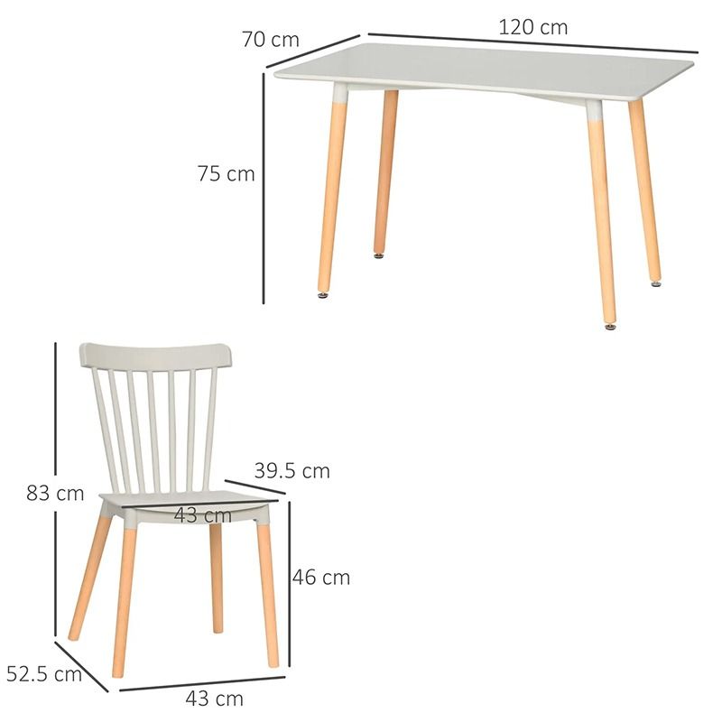 Dimensions of a white table and chair on a white background