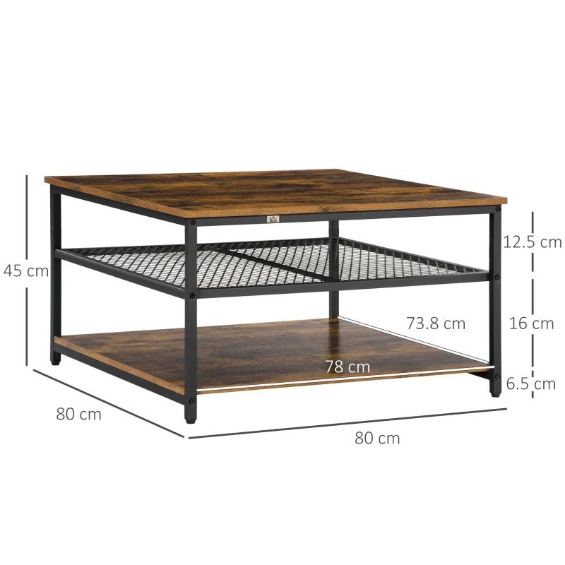 Dimensions of a wooden coffee table with metal mesh shelf