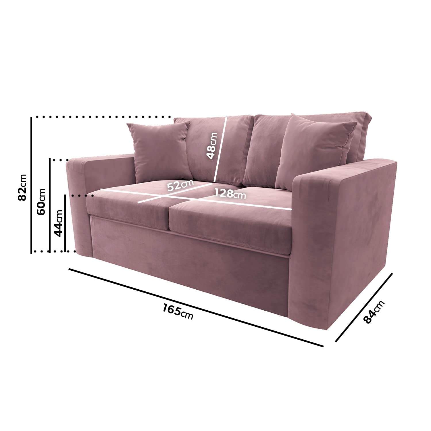 Dimensions of a mauve sofabed with measurements indicated.