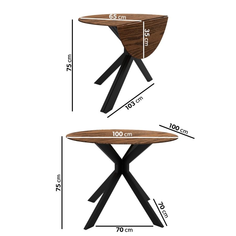 Dimensions of two wooden dining tables with black metal legs on a white background