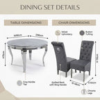 Dining set dimensions diagram showing a round dining table with a grey marble top and chrome legs, alongside two matching upholstered chairs with tufted backs and chrome legs. The image includes labeled dimensions for the table and chairs and callout circles for the grey marble top, velvet upholstery, button tufting, and chrome legs.