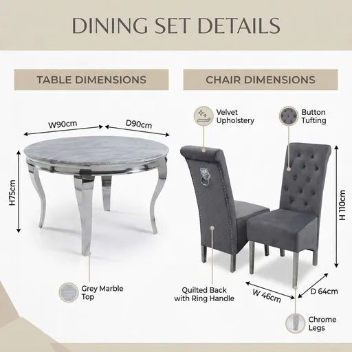 Dining set dimensions diagram showing a round dining table with a grey marble top and chrome legs, alongside two matching upholstered chairs with tufted backs and chrome legs. The image includes labeled dimensions for the table and chairs and callout circles for the grey marble top, velvet upholstery, button tufting, and chrome legs.
