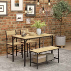 Dining set with table, chairs, and bench against a brick wall.