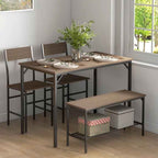 Dining set with table, chairs, and bench in a room with a window.