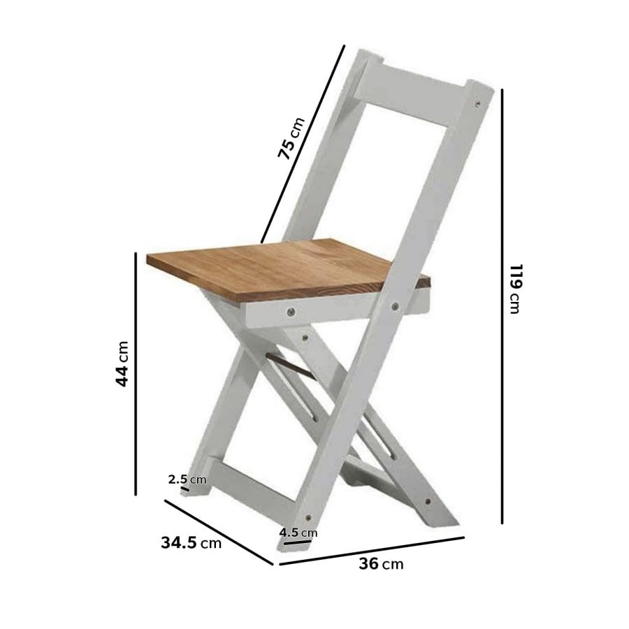 Folding chair with wooden seat and dimensions labeled on a white background
