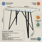 Glass table with dimensions and features on a beige background