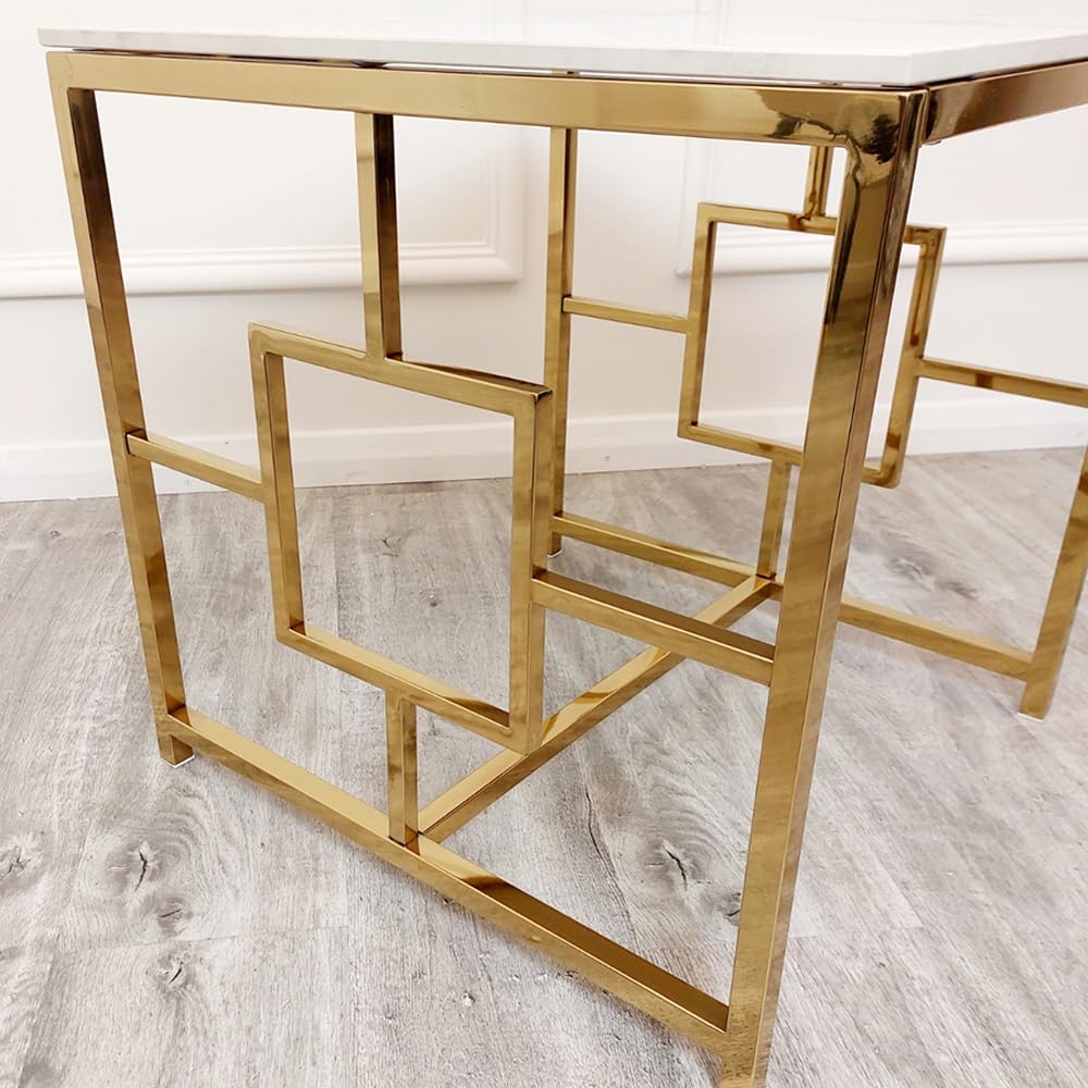 Gold metal console table on a wooden floor