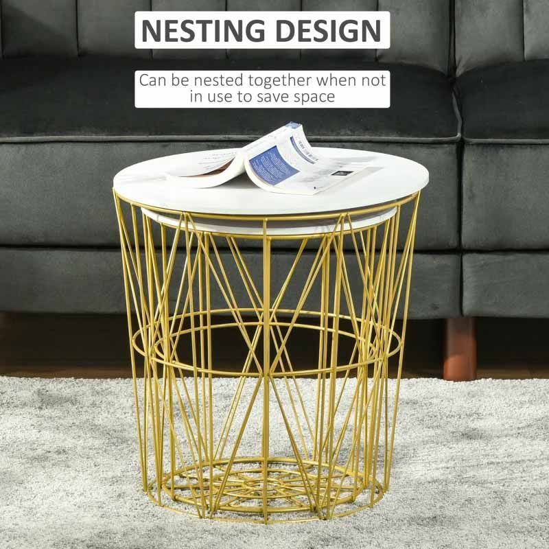 Gold wire side table with marble top in front of a gray sofa