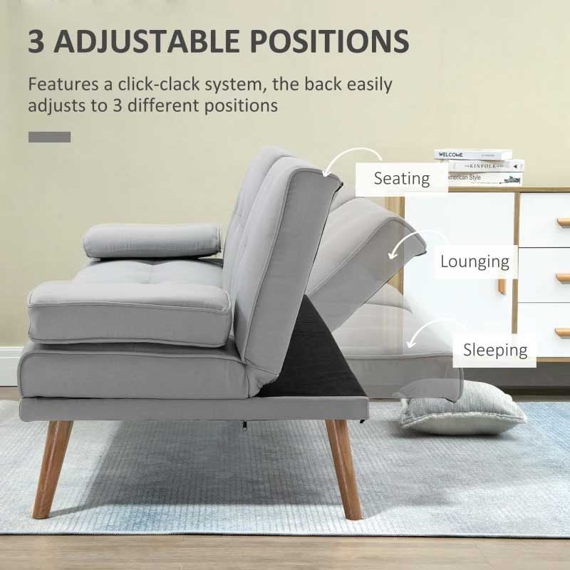 Gray sofa bed with adjustable positions feature on a neutral background