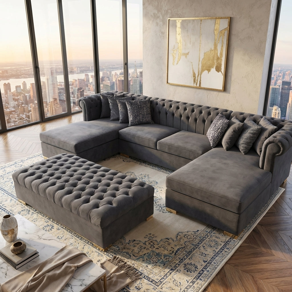 Gray sectional sofa with tufted ottoman in a room with large windows and cityscape view.