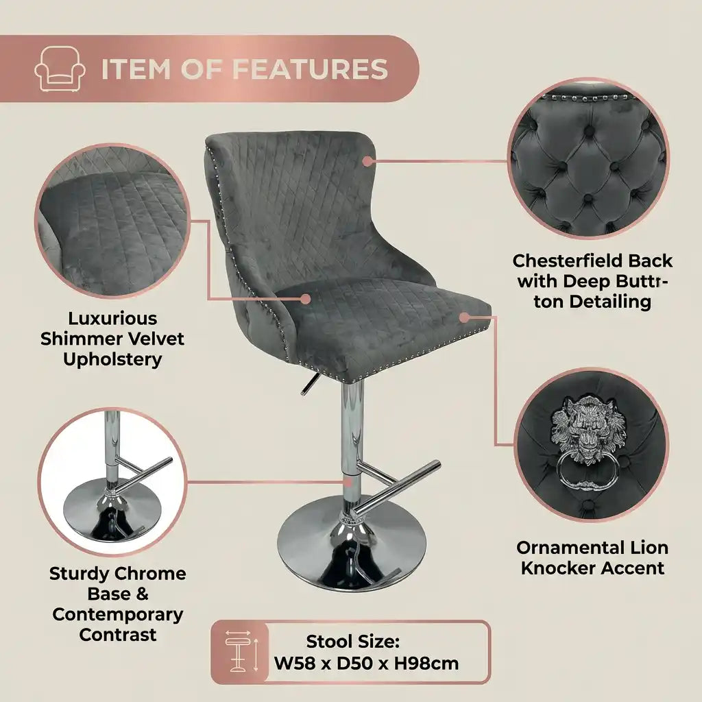 Gray bar stool with features highlighted on a beige background