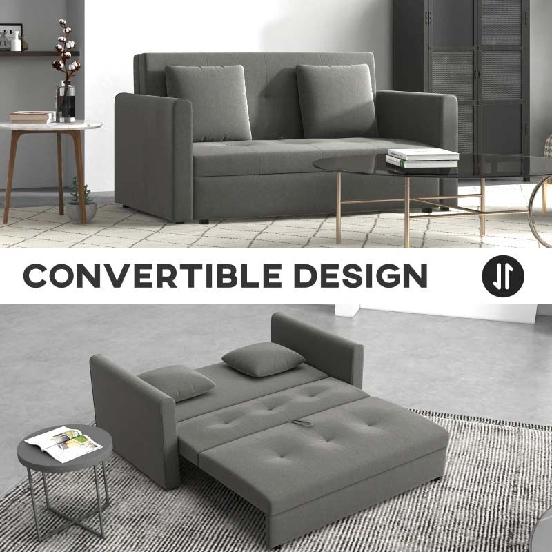 Gray convertible sofabed in a living room setting with 'Convertible Design' text overlay.