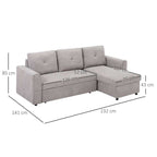 Gray sectional sofa with dimensions labeled on a white background