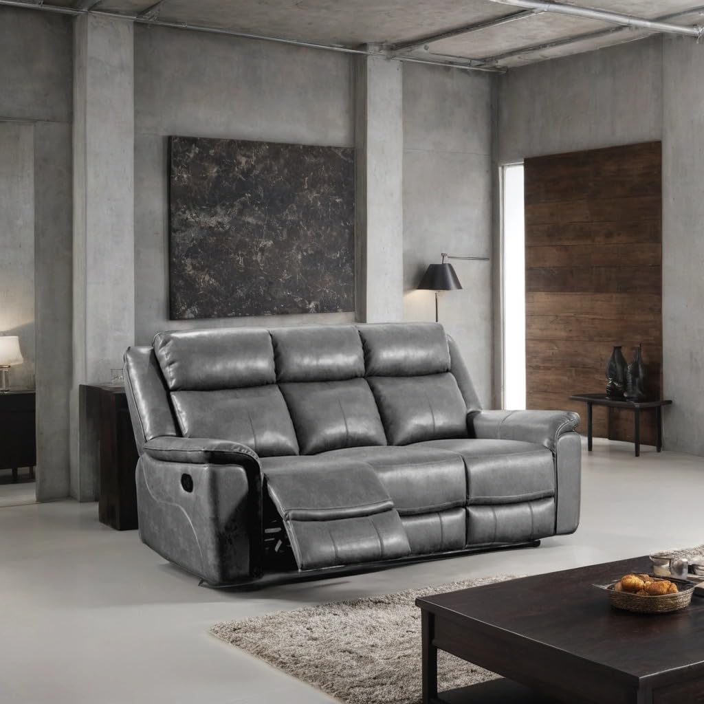Gray leather sofa in a modern living room with concrete walls and a coffee table.