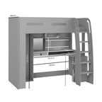 Gray loft bed with desk and measurements on a white background