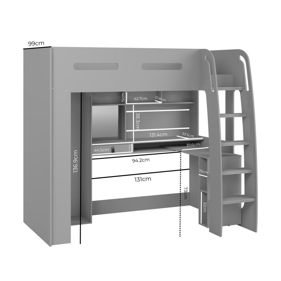 Gray loft bed with desk and measurements on a white background