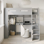 Gray loft bed with desk and chair in a room setting