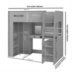 Gray loft bed with desk and measurements on a white background