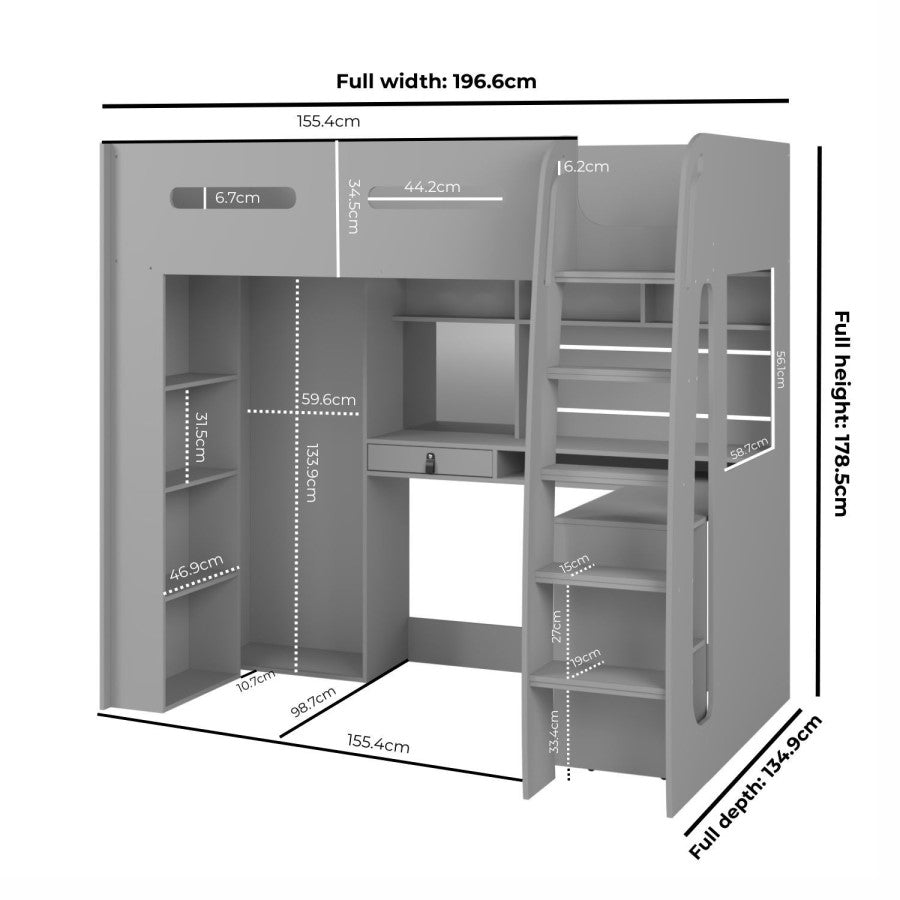 Gray loft bed with desk and measurements on a white background