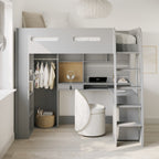 Gray loft bed with desk and storage in a room setting