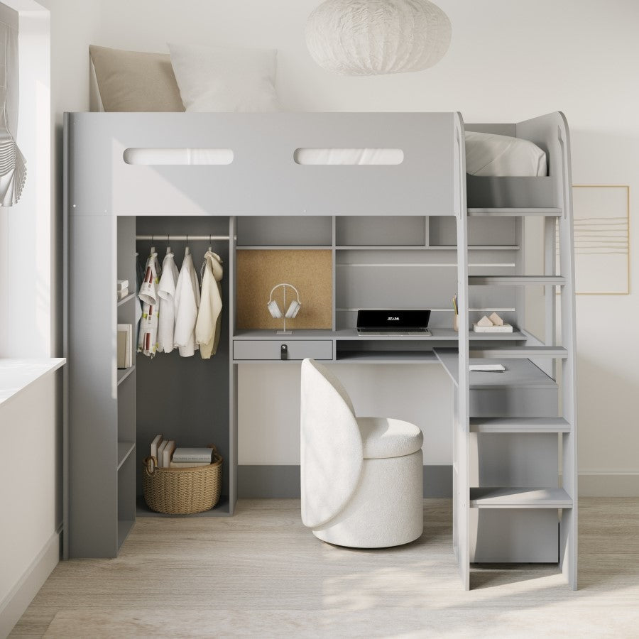 Gray loft bed with desk and storage in a room setting