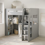 Gray loft bed with stairs in a room with clothes and shelves.
