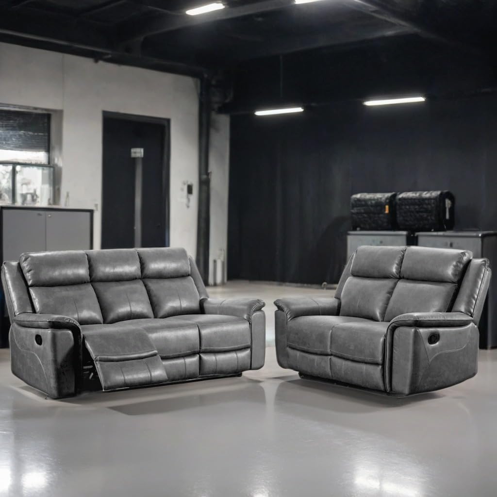 Gray reclining sofa and chair set in a showroom setting.