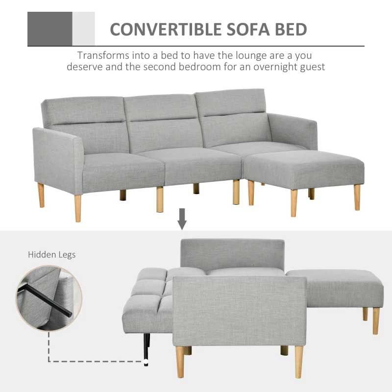 Gray sectional sofa that converts into a bed on a white background