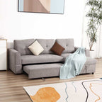 Gray sectional sofa with cushions and a blanket in a living room setting.