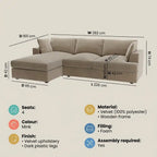 Gray sectional sofa with dimensions and feature details on a beige background