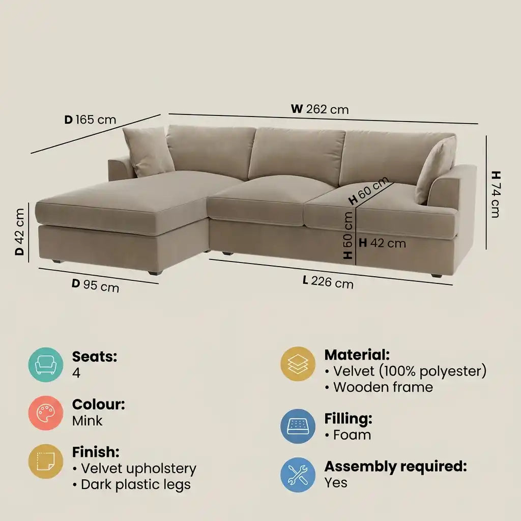 Gray sectional sofa with dimensions and feature details on a beige background