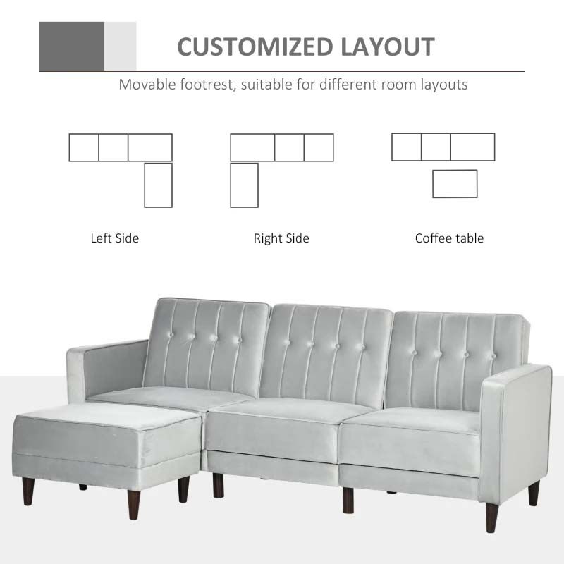 Gray sectional sofa with movable footrest and layout diagrams on a white background