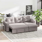Gray sectional sofa in a living room with plants and decor.